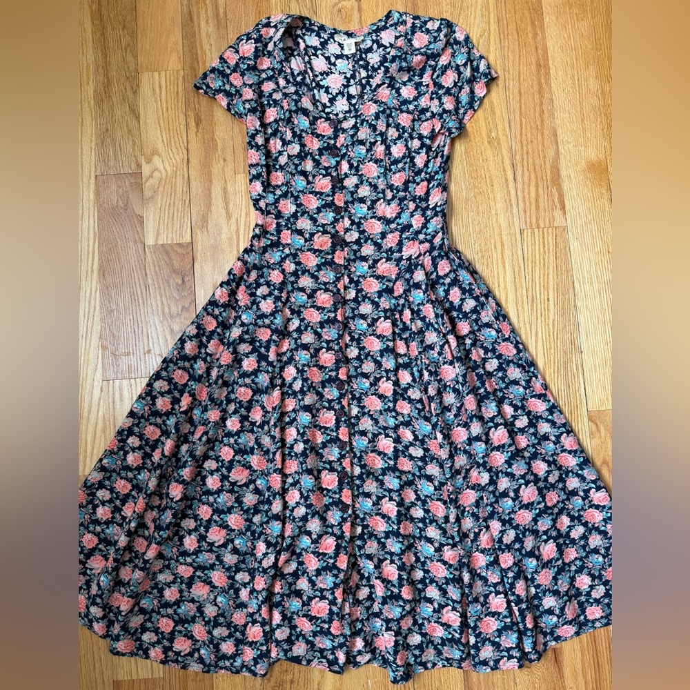 Vintage 80s Starina Floral Button Down Midi Boho Dress in Black Peach  Medium
